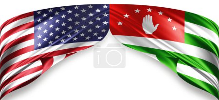Téléchargez les photos : Drapeaux de soie américains et de la République d'Abkhazie avec espace de copie pour votre texte ou images et fond blanc - en image libre de droit