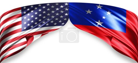 Amerikanische und Samoa-Flaggen aus Seide mit Copyspace für Ihren Text oder Ihre Bilder und weißem Hintergrund