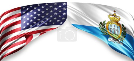 Foto de Banderas americanas y de San Marino de seda con copyspace para su texto o imágenes y fondo blanco - Imagen libre de derechos