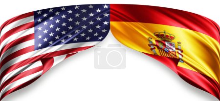 Téléchargez les photos : Drapeaux américains et espagnols de soie avec copyspace pour vos textes ou images et fond blanc - en image libre de droit