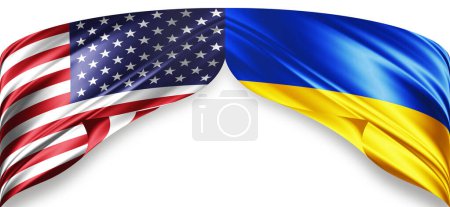 Foto de Banderas americanas y ucranianas de seda con copyspace para su texto o imágenes y fondo blanco - Imagen libre de derechos