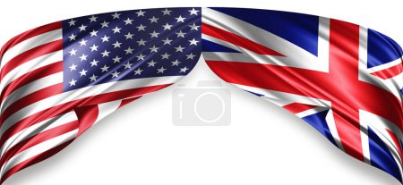 Foto de Banderas de seda estadounidenses y del Reino Unido con copyspace para su texto o imágenes y fondo blanco - Imagen libre de derechos