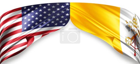 Foto de Banderas de seda americanas y de la Ciudad del Vaticano con copyspace para su texto o imágenes y fondo blanco - Imagen libre de derechos