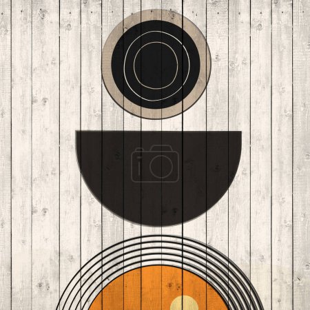 Modern abstract shapes. Minimalism concept. Line art drawing style contemporary and wood background 