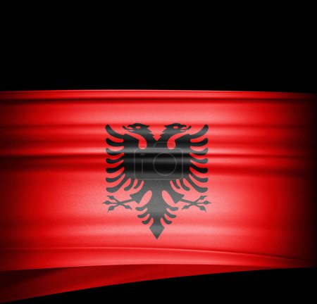 Téléchargez les photos : Albanie drapeau de soie. Fond noir - en image libre de droit