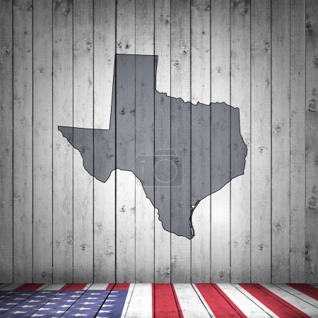 Foto de Mapa de Texas sobre fondo de madera con bandera de Estados Unidos en la parte inferior - Imagen libre de derechos