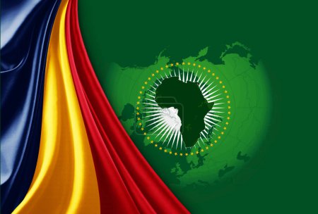 Téléchargez les photos : Tchad et Union drapeau africain, carte du monde avec copyspace sur fond vert - en image libre de droit