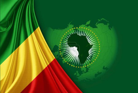 Foto de República del Congo y bandera africana de la Unión, mapa del mundo con copyspace sobre fondo verde - Imagen libre de derechos