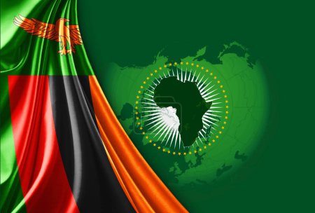 Foto de Zambia y Union African flag, mapa mundial con copyspace sobre fondo verde - Imagen libre de derechos