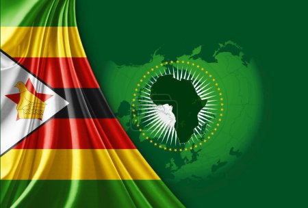 Foto de Zimbabue y la bandera africana de la Unión, mapa del mundo con copyspace sobre fondo verde - Imagen libre de derechos