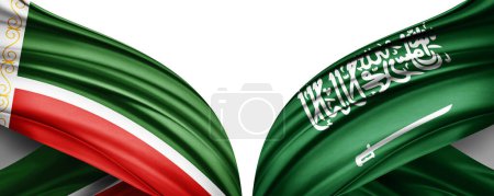 Chechen Republic and Saudi Arabia silk flags on white background