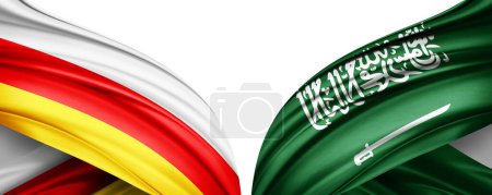 South Ossetia and Saudi Arabia silk flags on white background