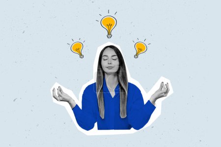 creative collage idea girl meditating with light bulbs above her head isolated over blue background. idea concept