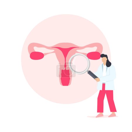 Illustration for Gynecological examination of the female uterus. The doctor holds a magnifying glass and examines the structure of the female uterus isolated on a white background - Royalty Free Image