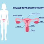 Female reproductive system uterus organs with description and female silhouette vector illustration