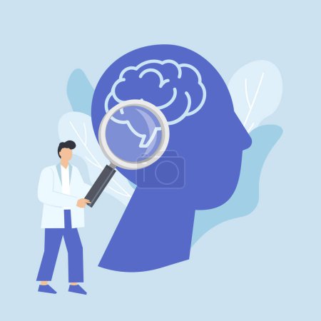 Psychische Gesundheit Studie menschliches Gehirn Konzept. Arzt mit Lupe untersucht menschliche Silhouette mit Gehirn auf blauem Hintergrund