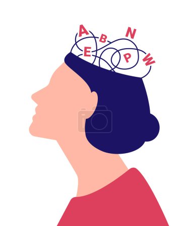 Illustration for Portrait in profile of a woman with confusion in her head and letters of the alphabet on a white background - Royalty Free Image