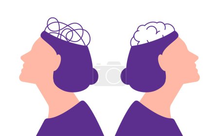 psychische Gesundheit. Zwei Frauenporträts mit verwirrten Gedanken und Gehirn isoliert auf weißem Hintergrund