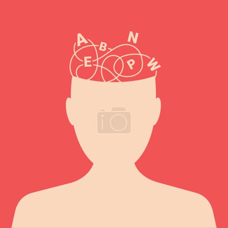 Dyslexia concept. Male silhouette with confused thoughts and letters and words above his head on a red background