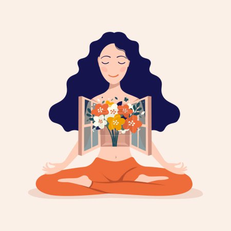 Illustration for A young girl with long hair sits in a lotus position with an open mind and meditates. vector illustration. Yoga, meditation, psychology concept - Royalty Free Image