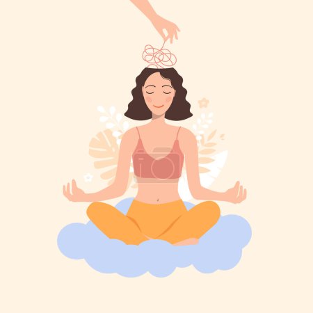 Illustration for Mental health concept. The girl sits on a cloud and meditates. The hand unravels the tangle of thoughts in the woman's head. world mental health day - Royalty Free Image