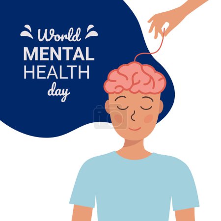 girl with a brain on a head isolated over white background. disturbing thoughts. world mental health day. vector illustration. Psychotherapy concept