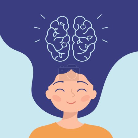 Portrait of a girl with a brain. Mental health concept. girl with a brain over a head isolated on a blue background. healthy brain. world mental health day. vector illustration. Psychotherapy concept