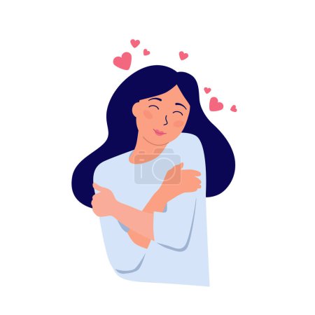 Ilustración de Ilustración de dibujos animados vectoriales planos de una mujer abrazándose. El concepto de autoamor, autocuidado y autoaceptación. - Imagen libre de derechos