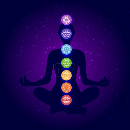 Illustration for Human body silhouette with chakras icons. Meditating woman in lotus position on a space background. Chakras icons illustration - Royalty Free Image