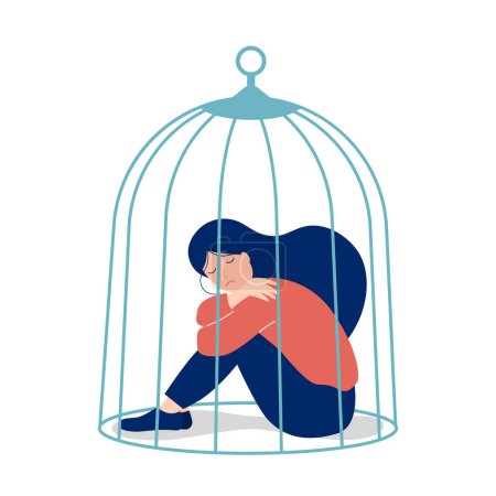 Chica triste sentada en una jaula aislada sobre fondo blanco. Concepto de depresión y autoaislamiento. Salud mental. Concepto de depresión