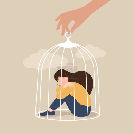 the hand of a psychologist opens a cage in which a sad girl sits. Psychological help concept. Treatment of depression concept