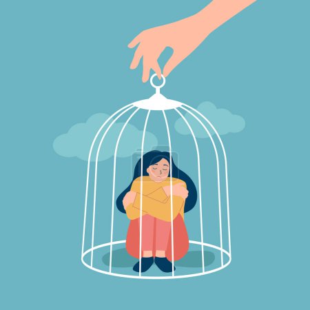 Illustration for The hand of a psychologist opens a cage in which a sad girl sits. Psychological help concept. Treatment of depression concept - Royalty Free Image