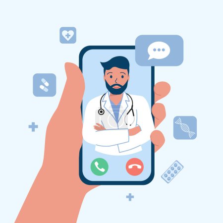 consultation médicale en ligne. médecin homme en robe médicale sur l'écran du téléphone. Appels vidéo et traitement en ligne