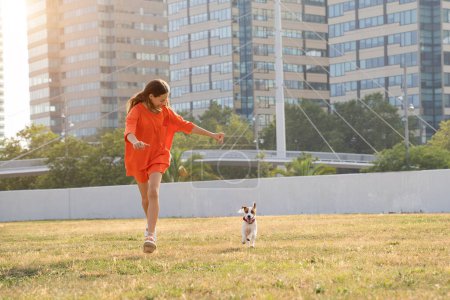 Foto de Adolescente chica jugando con pequeño perro blanco Jack Russell terrier. adorables amigos divirtiéndose corriendo en el campo. Verano en la gran ciudad - Imagen libre de derechos