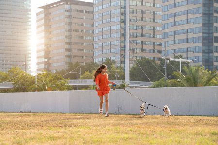 Téléchargez les photos : Adolescente en vêtements orange jouissant de courir avec deux petits Jack Russell terriers. Amusant été ambiance soleil. Des moments heureux avec des animaux de compagnie dans un contexte urbain de grande ville - en image libre de droit