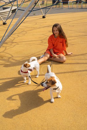Foto de Chica adolescente de pelo largo en ropa naranja sentada en el patio de recreo con sus pequeñas mascotas lindas Jack Russell terriers blancas con doble correa. Verano en la gran ciudad - Imagen libre de derechos