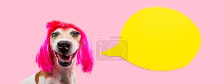 Photo for Happy adorable smiling dog in pink wig. satisfied laughing pet face - Royalty Free Image