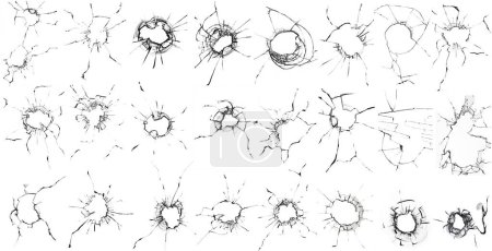 Big collection of cracks of broken glass on white background. 24 pictures in one picture. Concept of shots on the window for design