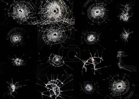 Set de cristales rotos agrietados y astillados sobre fondo negro. collage abstracto con textura de ventana agrietada. Efecto de cristal roto para el diseño.