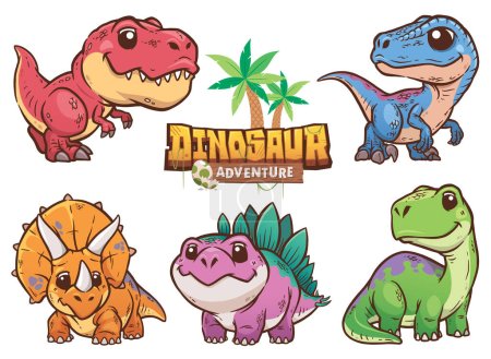 Téléchargez les illustrations : Illustration vectorielle du jeu de caractères Dessin animé Dinosaure - en licence libre de droit