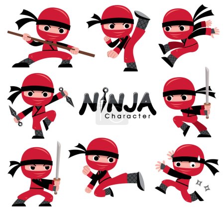 Ilustración vectorial del conjunto de personajes de Cartoon Ninja. poses de lucha
