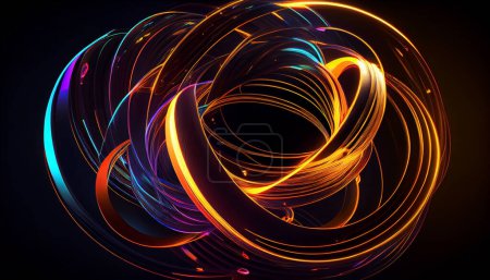 Abstraction of neon swirling lines in a chaotic pattern on a dark background.