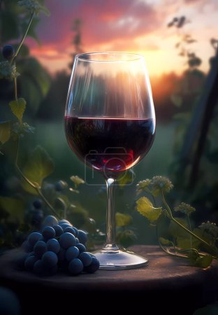 A glass of wine among the grape bushes in the rays of the setting sun.