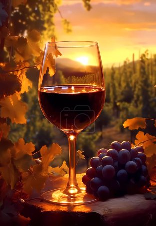 Una copa de vino entre los arbustos de uva en los rayos del sol poniente.