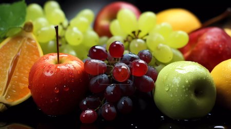 Różnorodność świeżych owoców na stole, widok z przodu.