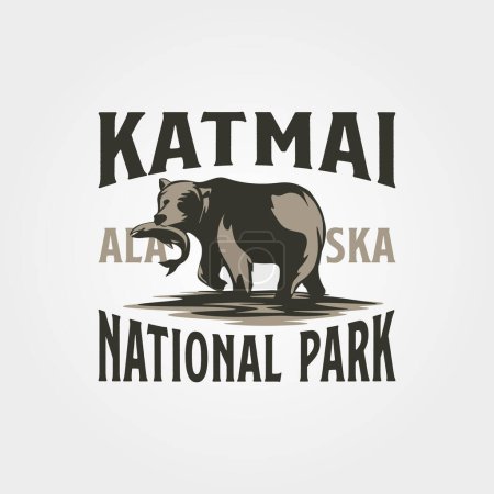 Téléchargez les illustrations : Grizzly vintage sur le logo du parc national katmai illustration design - en licence libre de droit