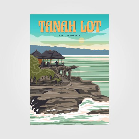 Téléchargez les illustrations : Tanah lot bali travel poster vintage illustration design, tanah lot temple with sunset view design - en licence libre de droit