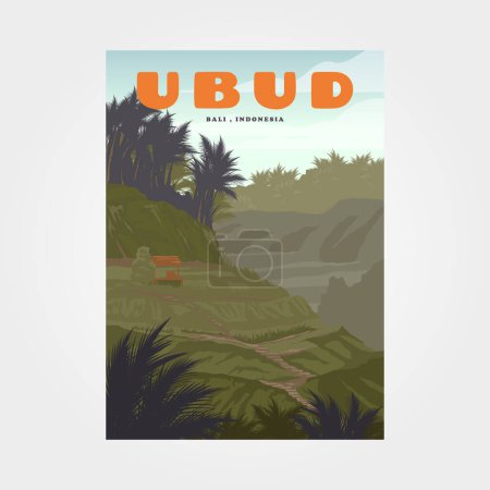 Ilustración de Tegallalang ubud bali travel vintage poster design, rice terrace view illustration design - Imagen libre de derechos