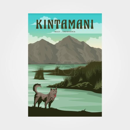 Téléchargez les illustrations : Kintamani village bali travel poster vintage illustration design, dog and outdoor view poster design - en licence libre de droit