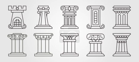 conjunto de diseño de ilustración de vectores de arte de línea de pilares, símbolo de construcción de arquitectura griega o romana antigua, diseño abstracto de vectores de pilares